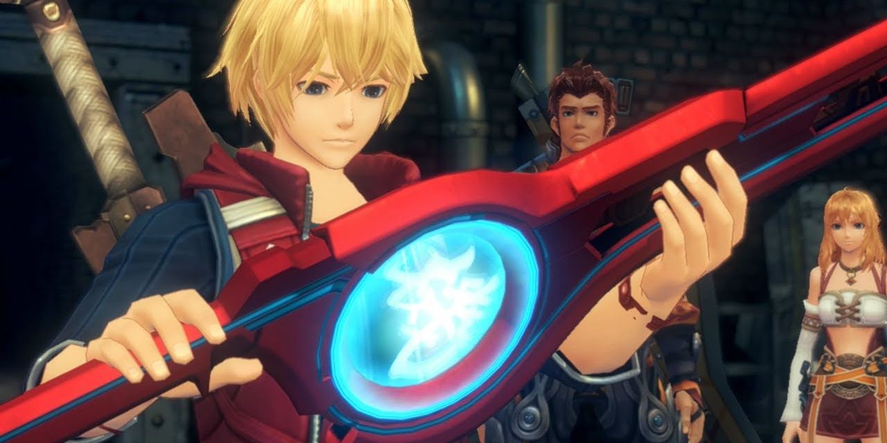 Shulk holding the Monado with Reyn and Fiora in the background