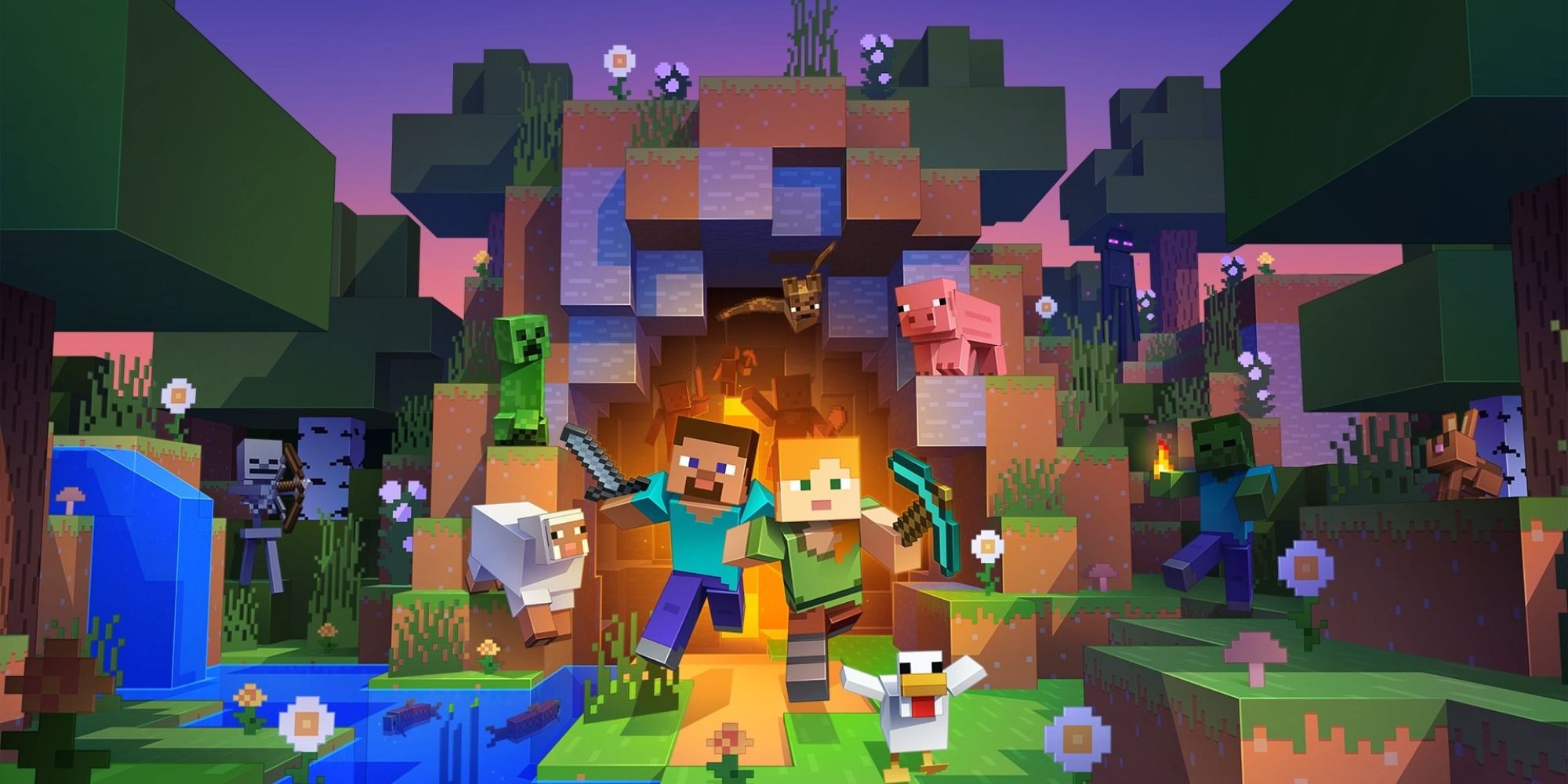 Xbox Game Pass Co-op Minecraft Two protagonists jump out of a portal surrounded by Minecraft animals 