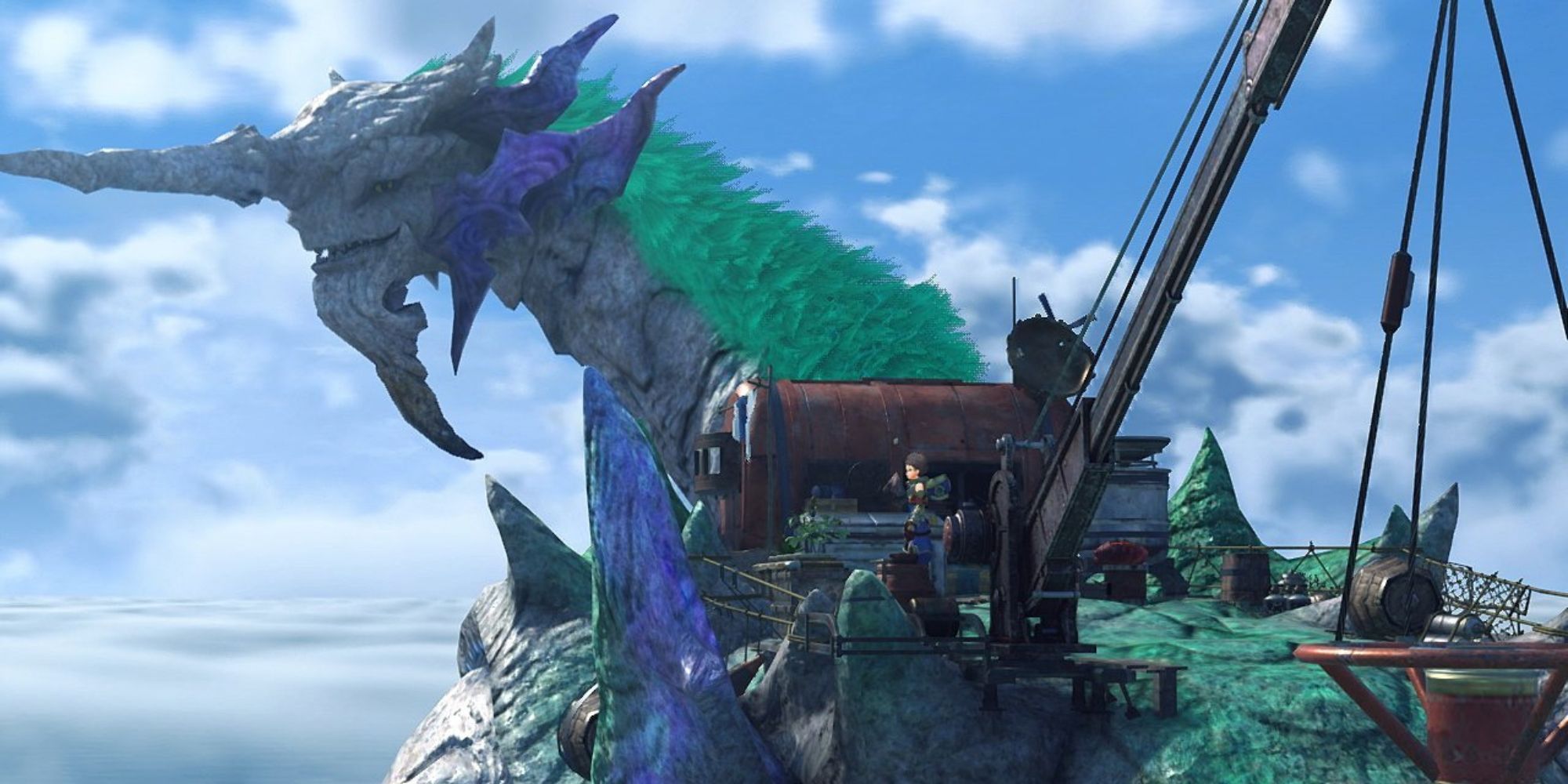 Xenoblade Chronicles 2 Locations a mid shot of the titan Azurda looking out into the distance while Rex and his house rest on his back