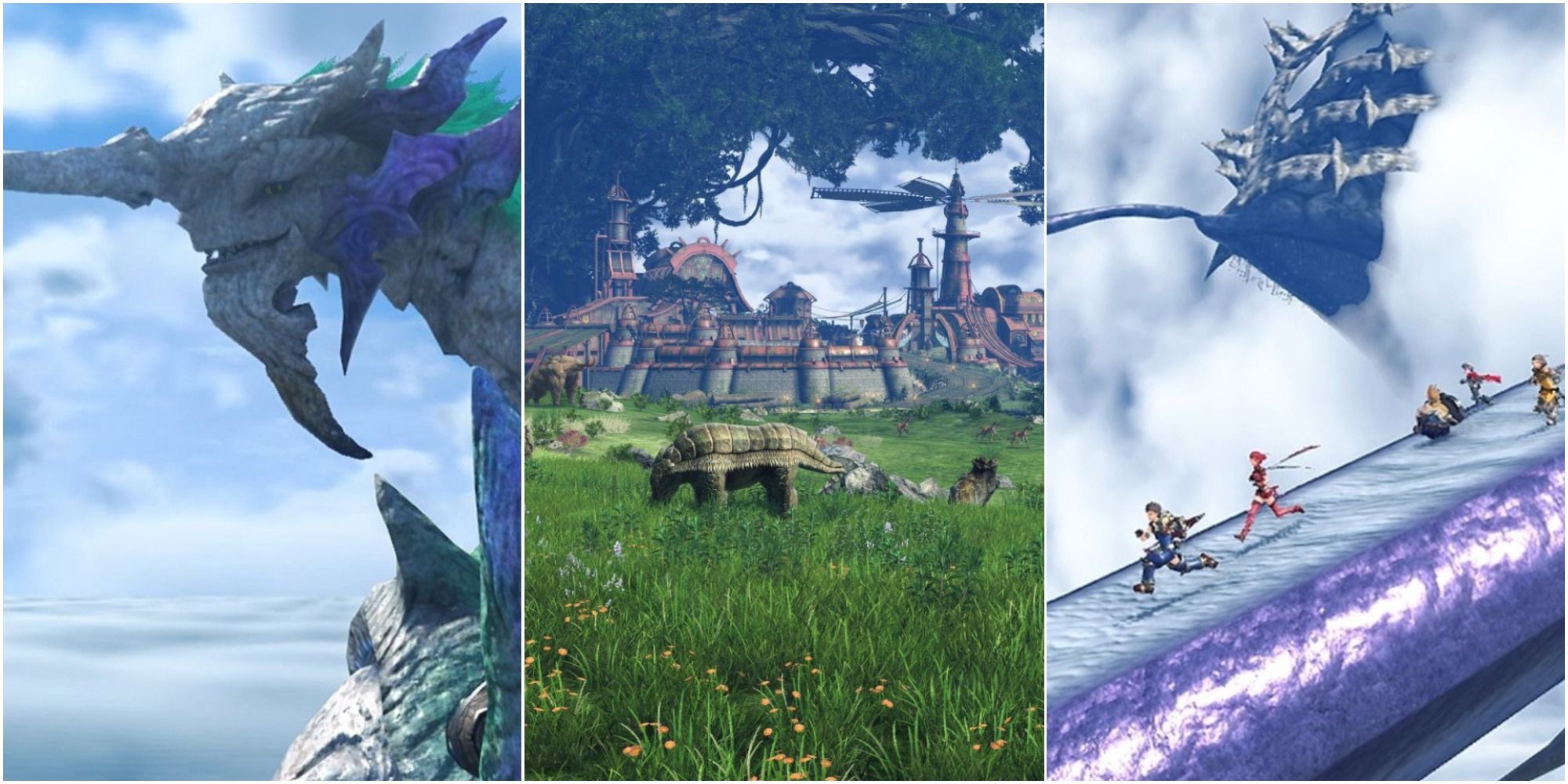 Xenoblade Chronicles 2 Locations on the left is the titan Azurda, in the middle is Torigoth in Gormott, and on the right is the The Leftherian Archipelago