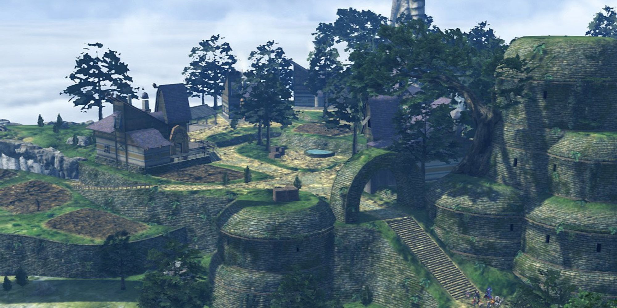 Xenoblade Chronicles 2 Locations a wide overhead shot of the grass covered Fonsett Village with various trees and buildings populating the small space