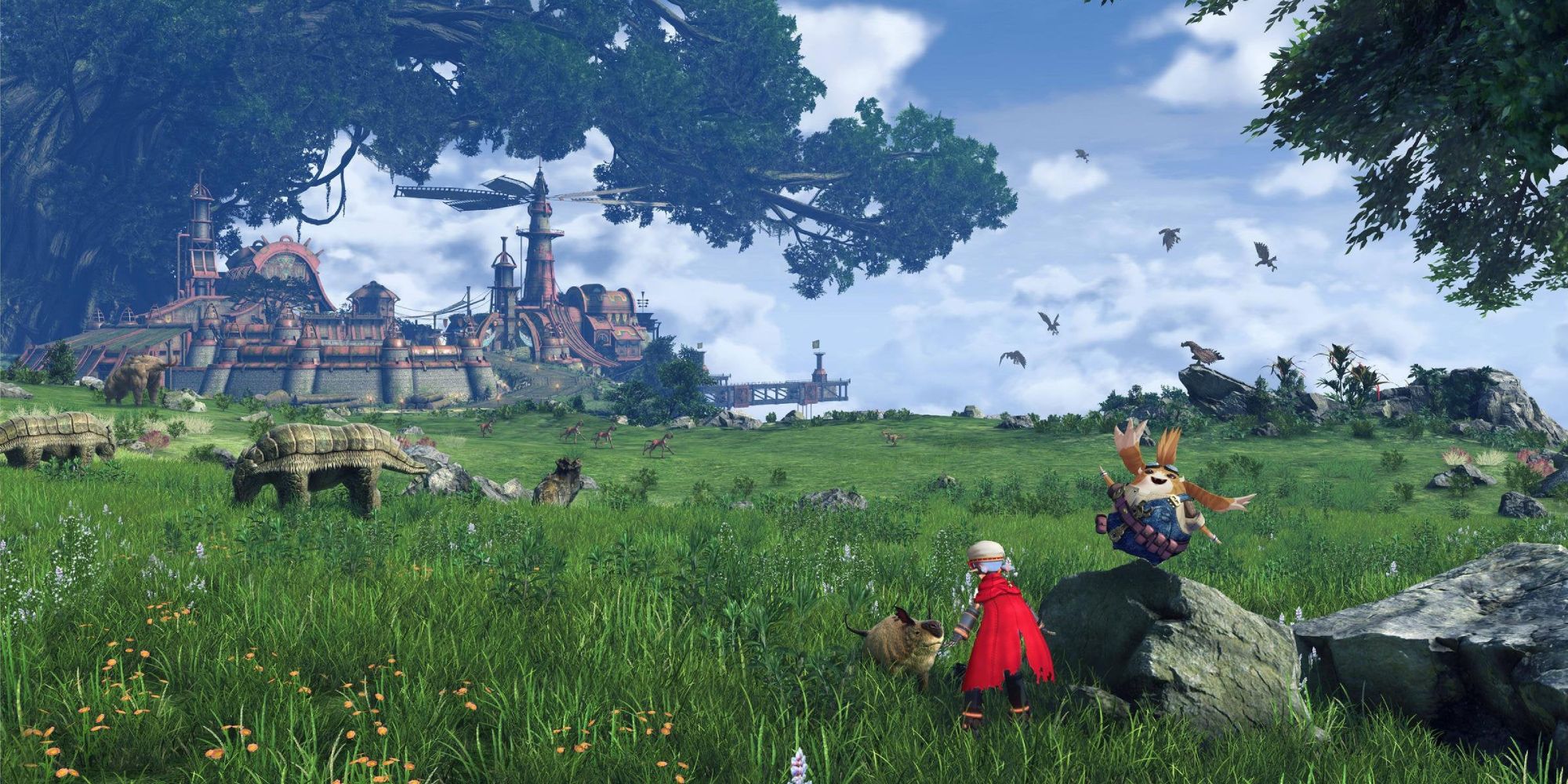 Xenoblade Chronicles 2 Locations a wide shot of a grassy plain in Gormott with the town of Torigoth in the distance with Tora and his blade Poppi stood in the foreground looking at it
