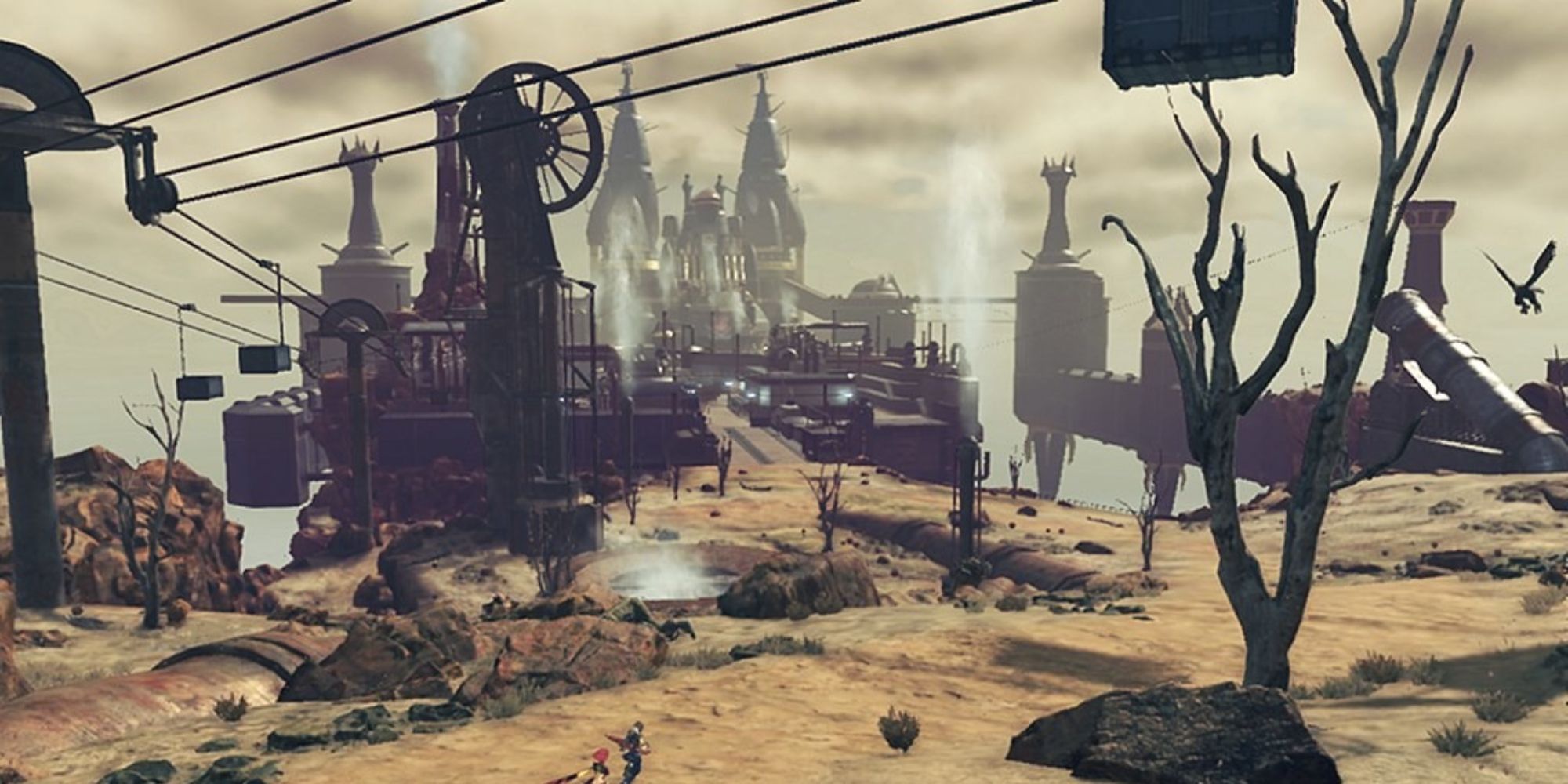 Xenoblade Chronicles 2 Locations a wide overhead shot of the desert-themed titan Mor Ardain with vairous metallic structures scattered across and the city of Alba Cavanich in the distance
