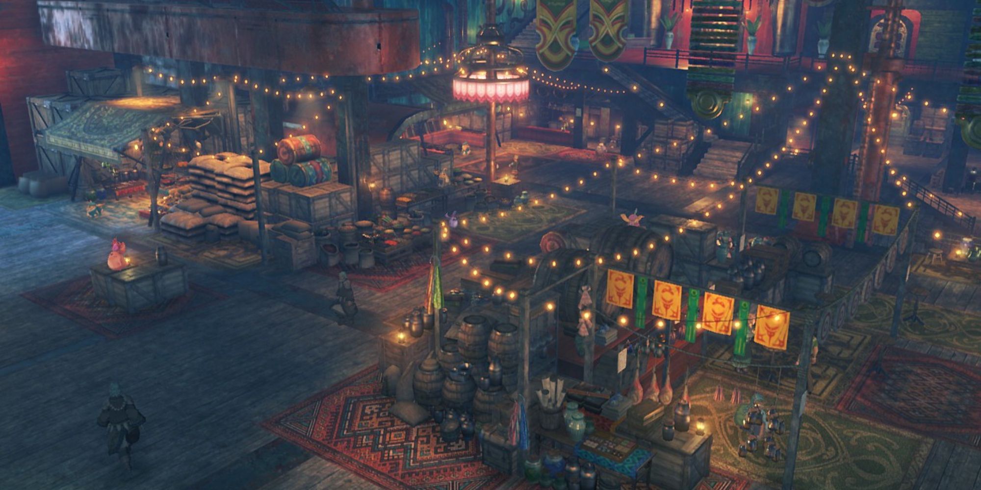 Xenoblade Chronicles 2 Locations a wide overhead shot of the various stalls, lights and people found in The Argentum Trade Guild