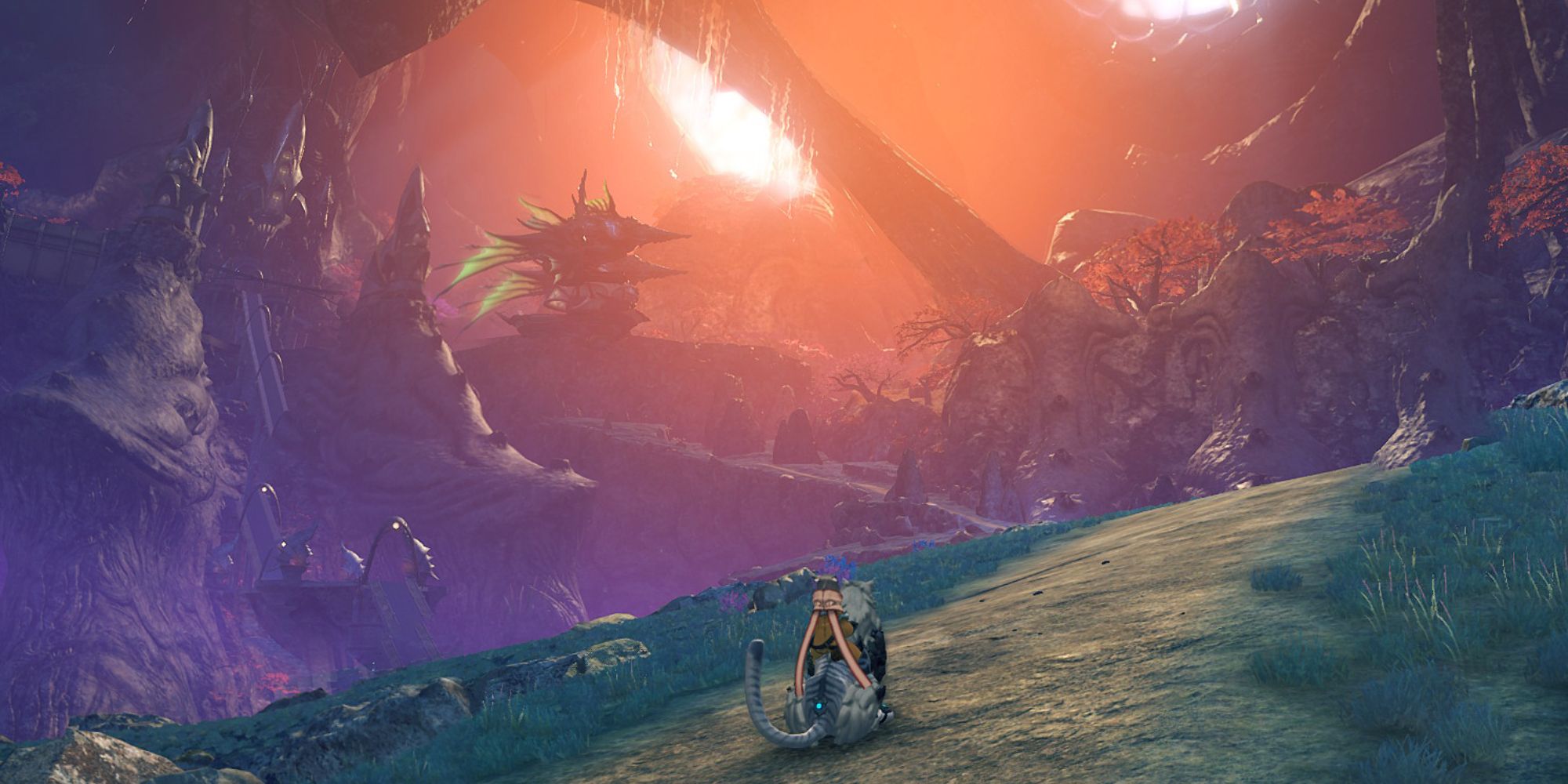 Xenoblade Chronicles 2 Locations a wide shot of The Kingdom of Uraya with Nia and Dromarch stood in the foreground watching a sunset in the distance