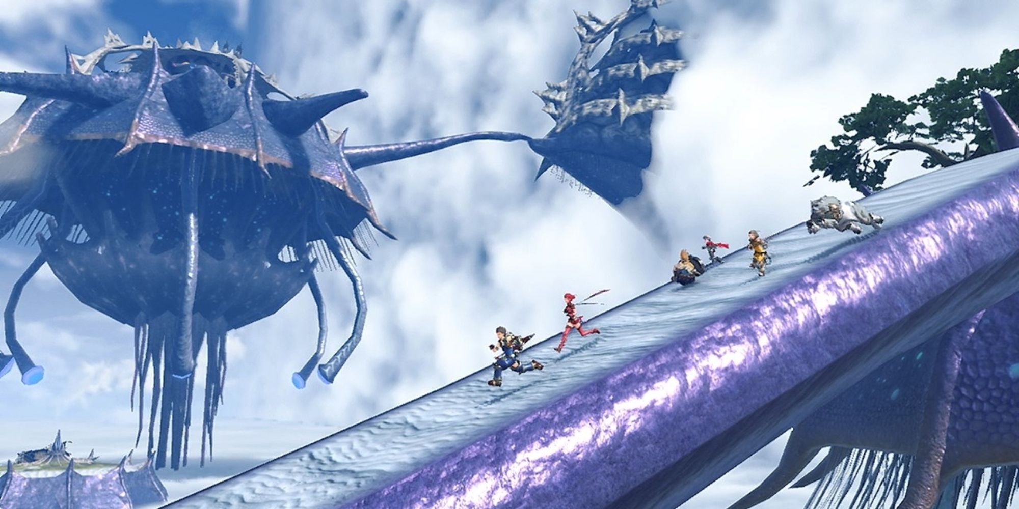 Xenoblade Chronicles 2 Locations a wide shot of Rex, Pyra, Tora, Poppi, Nia and Dromarch running down a bridge in The Leftherian Archipelago