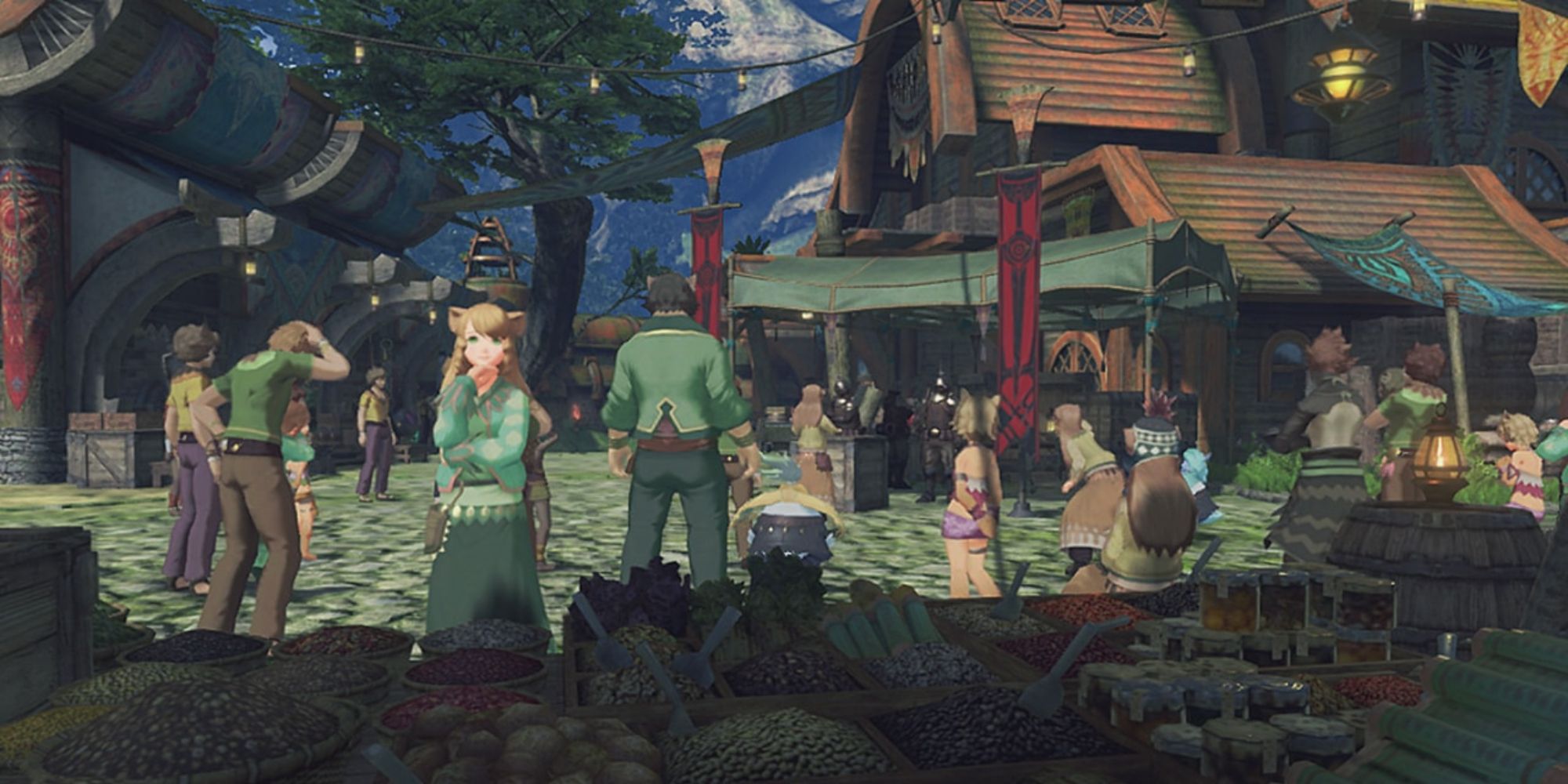 Xenoblade Chronicles 2 Locations a mid shot of the bustling town centre in Torigoth with various civilians standing at stalls or walking around