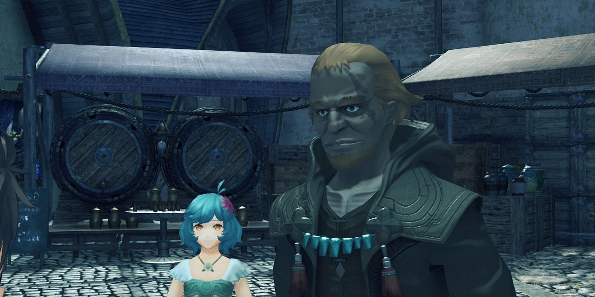 Xenoblade Chronicles 2 Side Characters a mid shot of the characters Cole (on the right) and Iona (on the left) in Fonsa Myma with carts in the background
