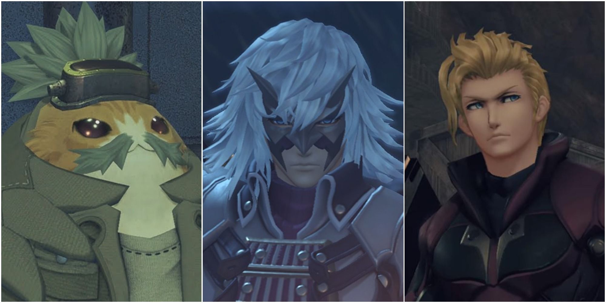 Xenoblade Chronicles 2 Side Characters Tatazo on the left, Jin in the middle and Mikhail on the right