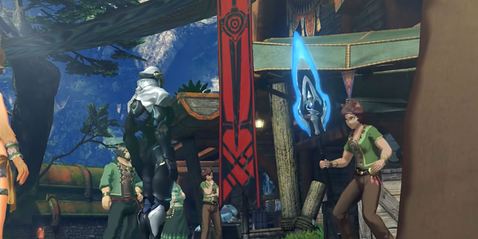 Xenoblade Chronicles 2 Side Characters a wide shot of Jac (on the right) and his blade (on the left) in Torigoth surrounded by other people