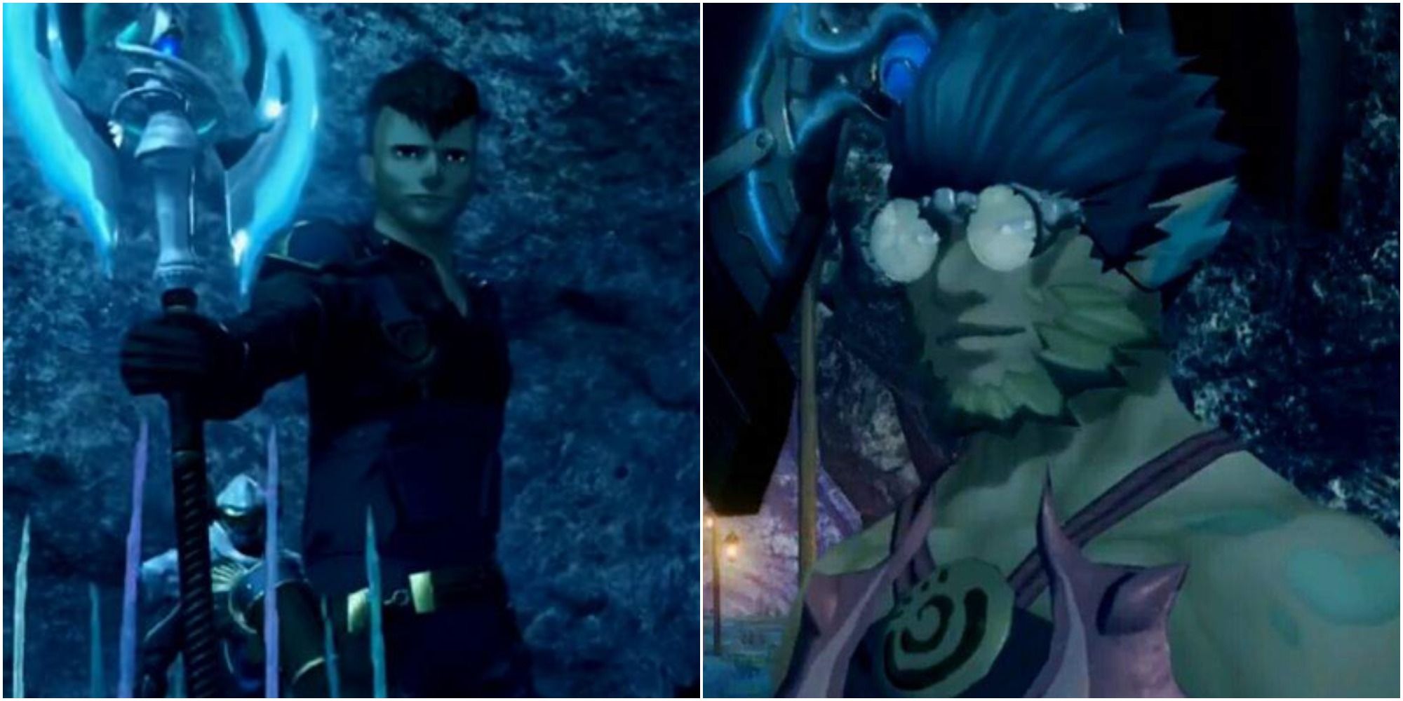 Xenoblade Chronicles 2 Side Characters a split image of Yew holding a spear (on the left) and Zuo looking into the distance (on the right)