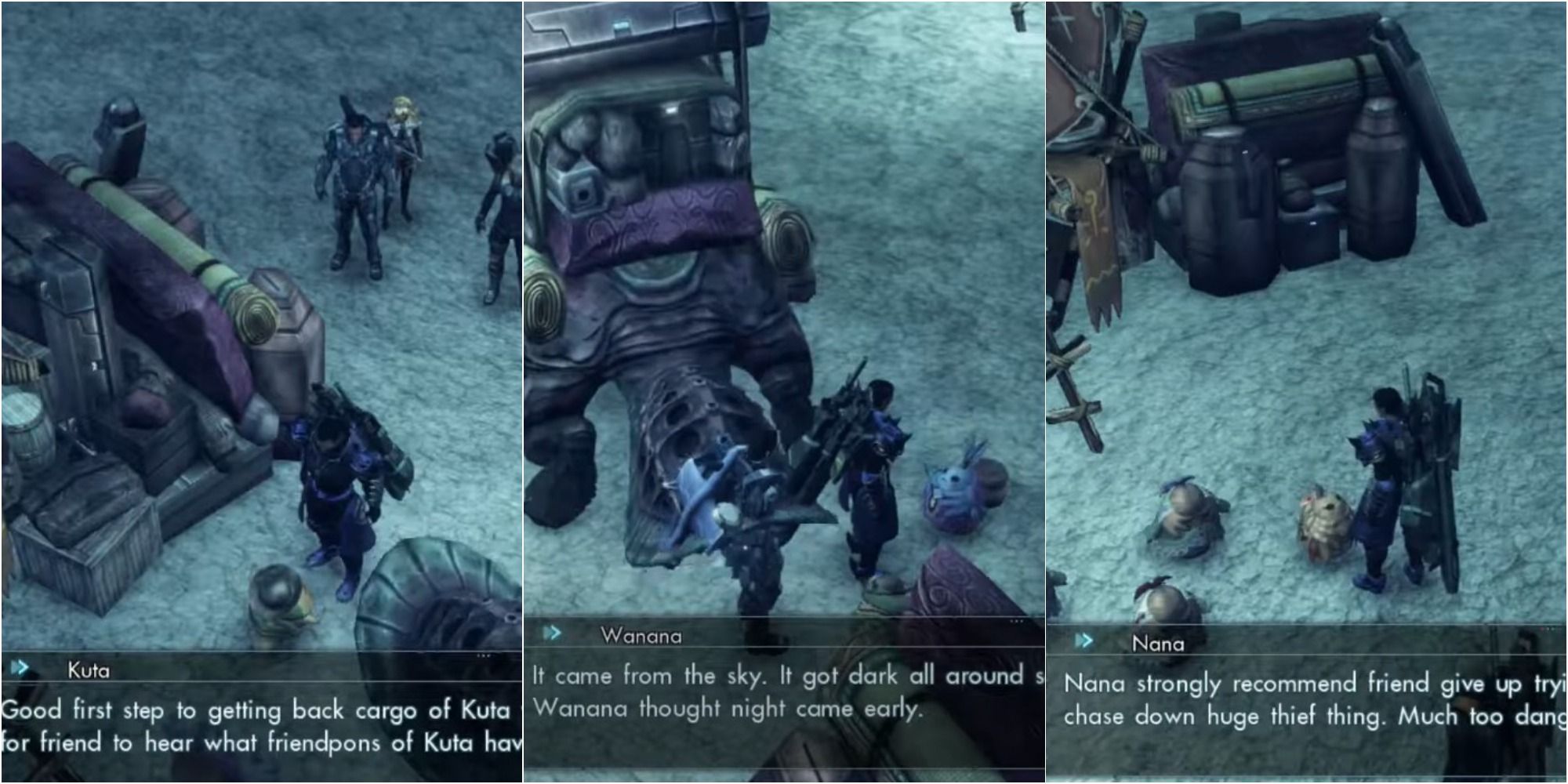 Xenoblade Chronicles X Castle in the Sky split image of talking to Kuta, Wanana, Nana at Dopang Caravan