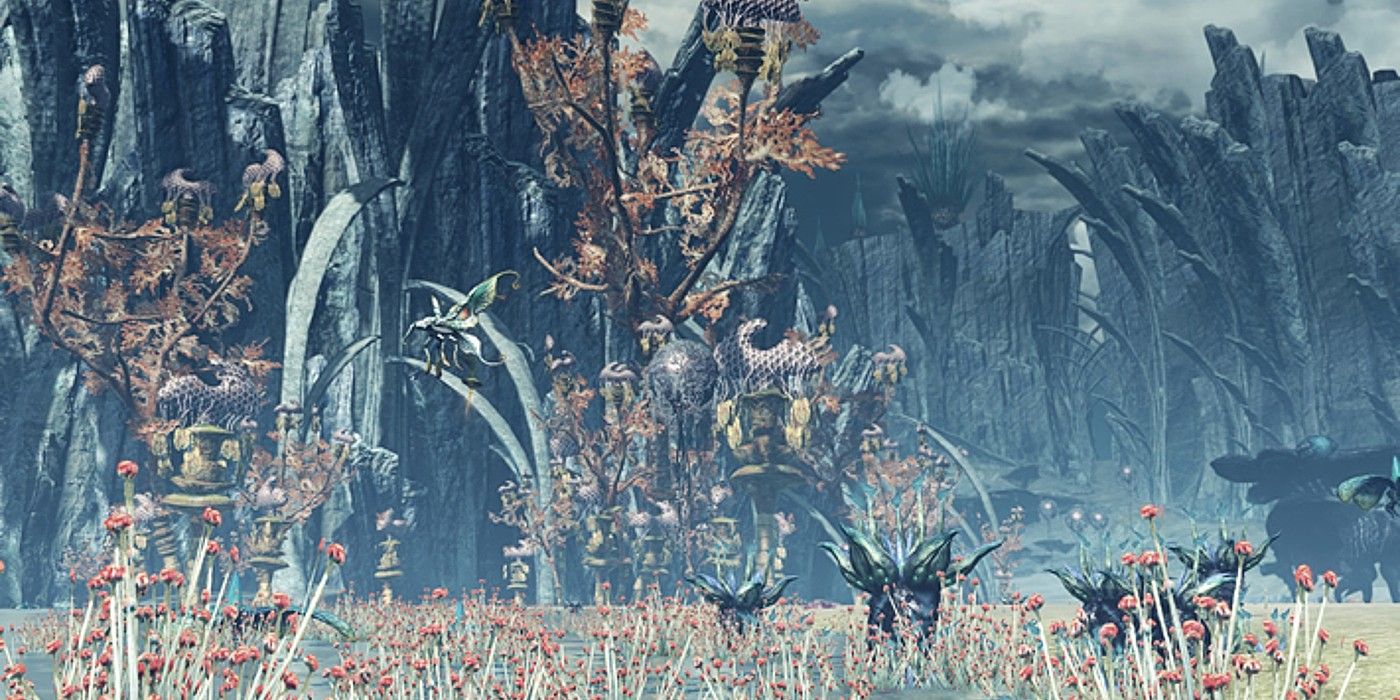 Xenoblade Chronicles X Lake Ciel scenery and dark, cloudy sky with monsters