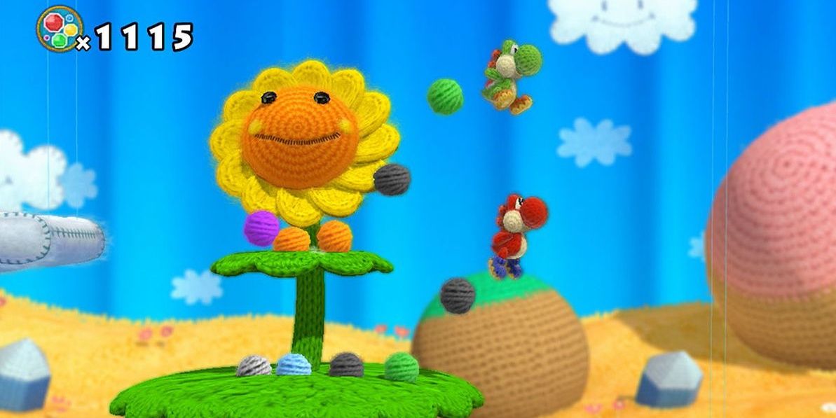 Yoshi Woolly World jumping next to flower 