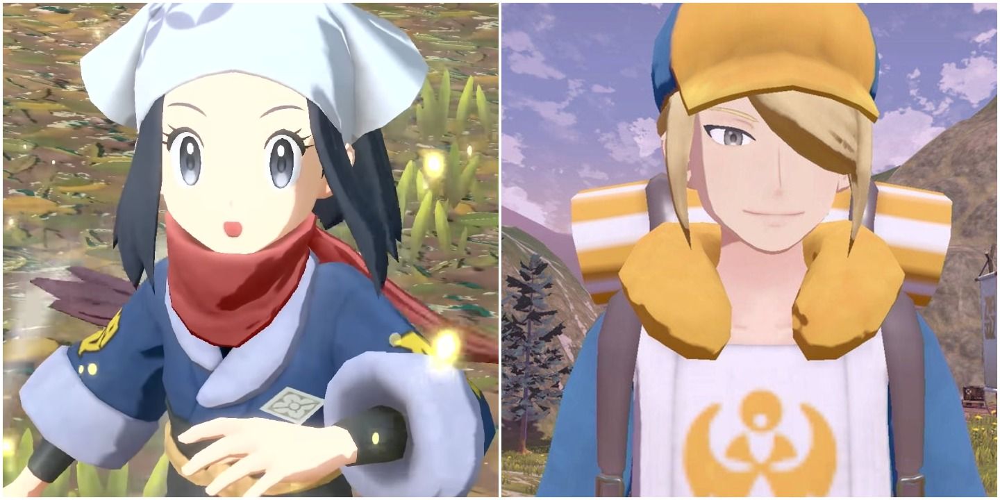 A collage showing Akari and Volo in Pokemon Legends: Arceus