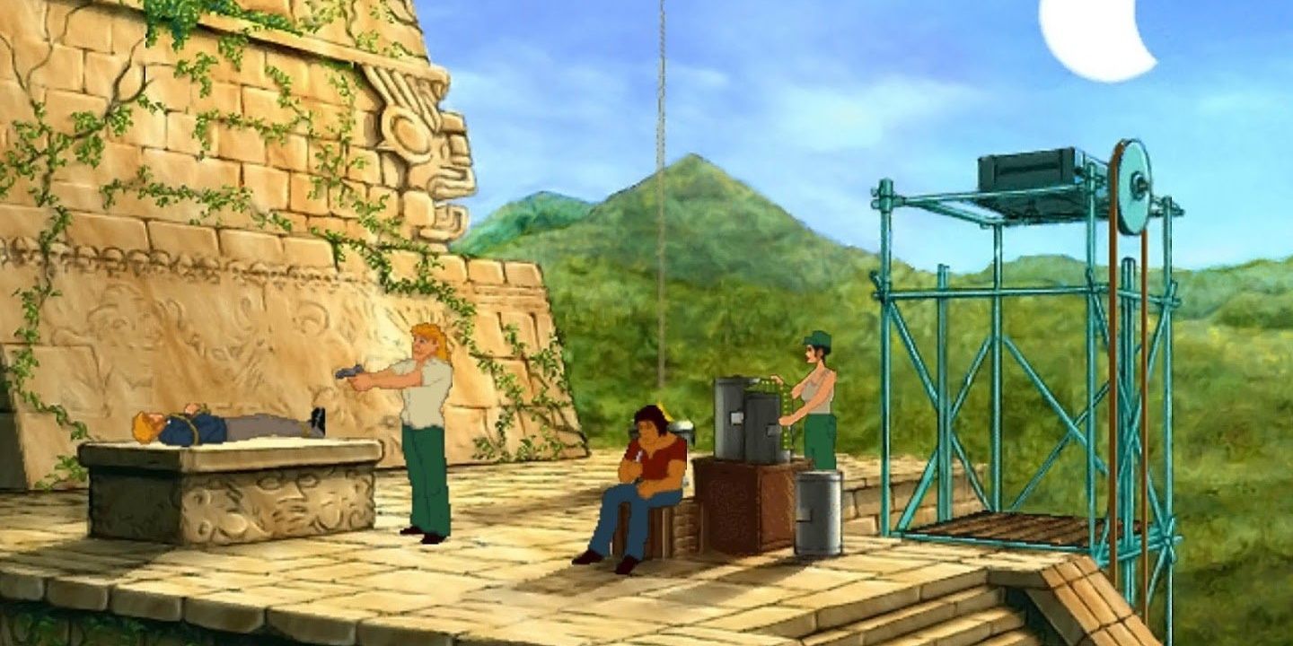 A screenshot showing George Stobbart tied down on top a pyramid in Broken Sword 2: The Smoking Mirror