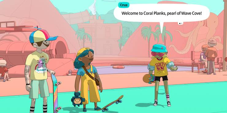 characters chatting at waterpark in olliolli world