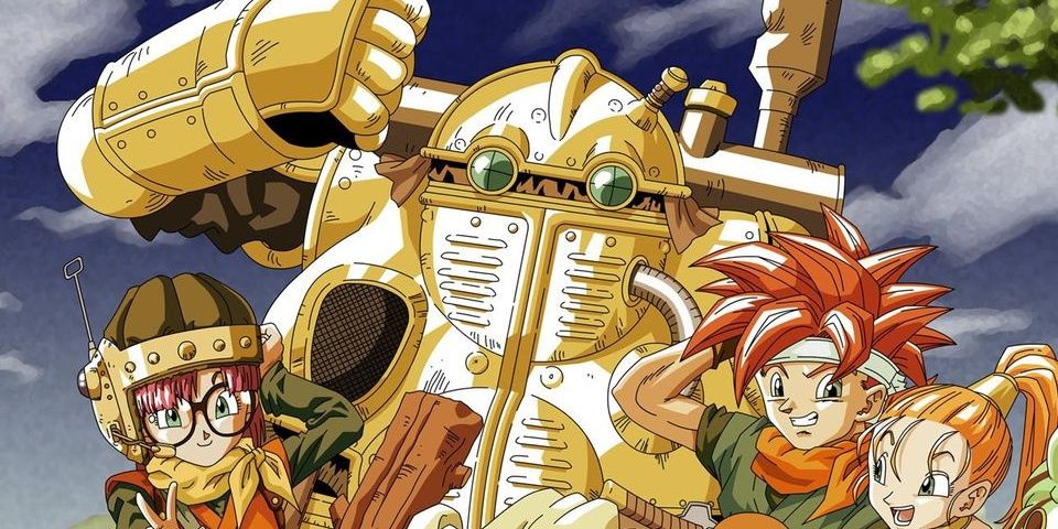 Robo, Luca, Crono, and Marle posing for a photo in Chrono Trigger