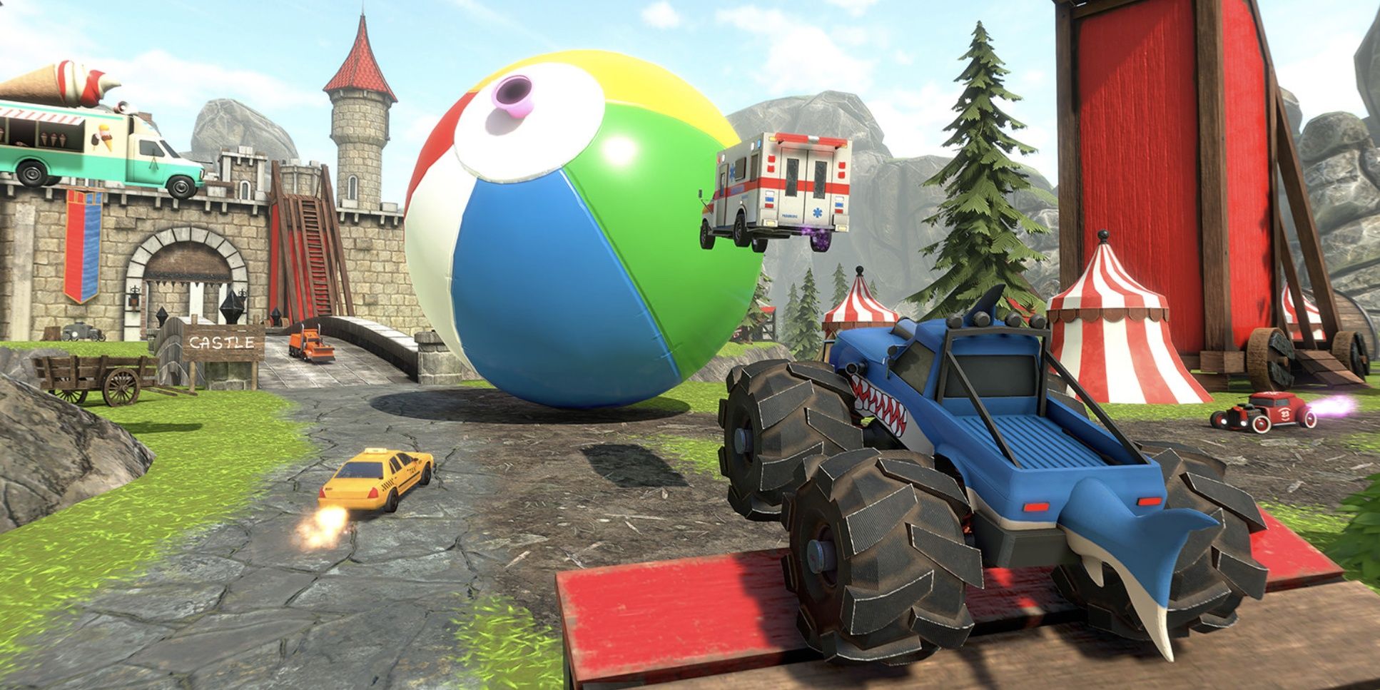 crash drive 3 monster truck and giant beach ball in castle location