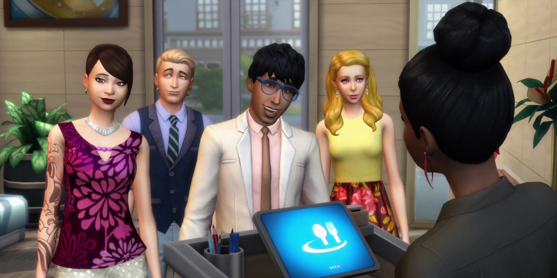A hostess greets a group of dressed up Sims looking to dine at their restaurant