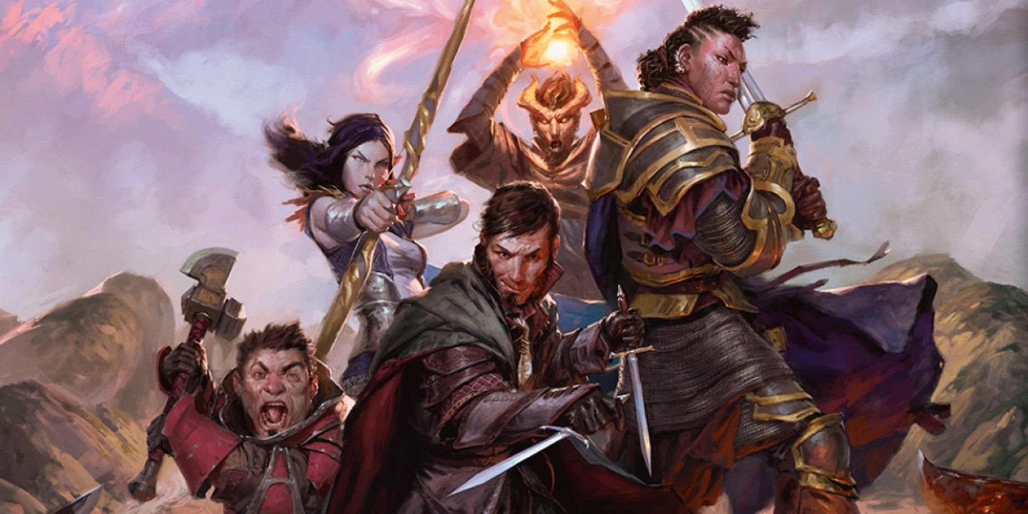 Groupe D'Aventuriers Dungeons &Amp; Dragons Brandissant Des Armes Avec Un Cheval