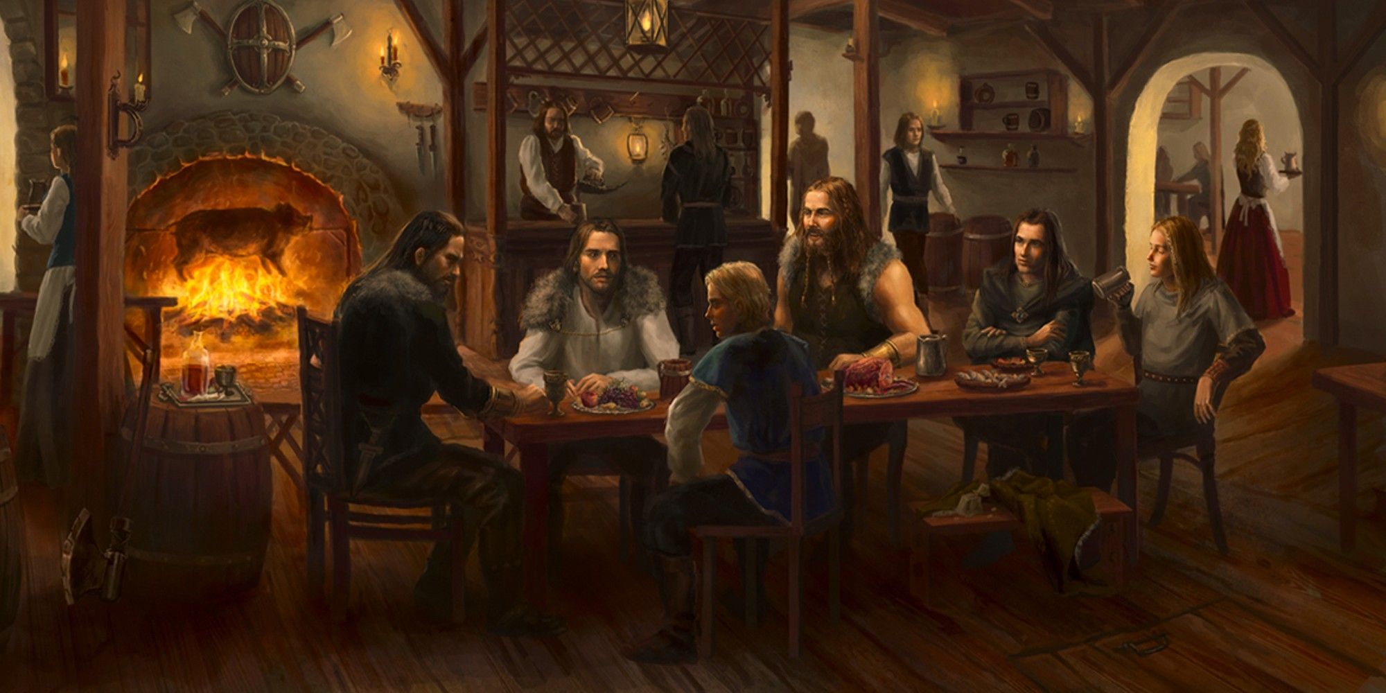 Dungeons & Dragons group of adventurers drinking in tavern