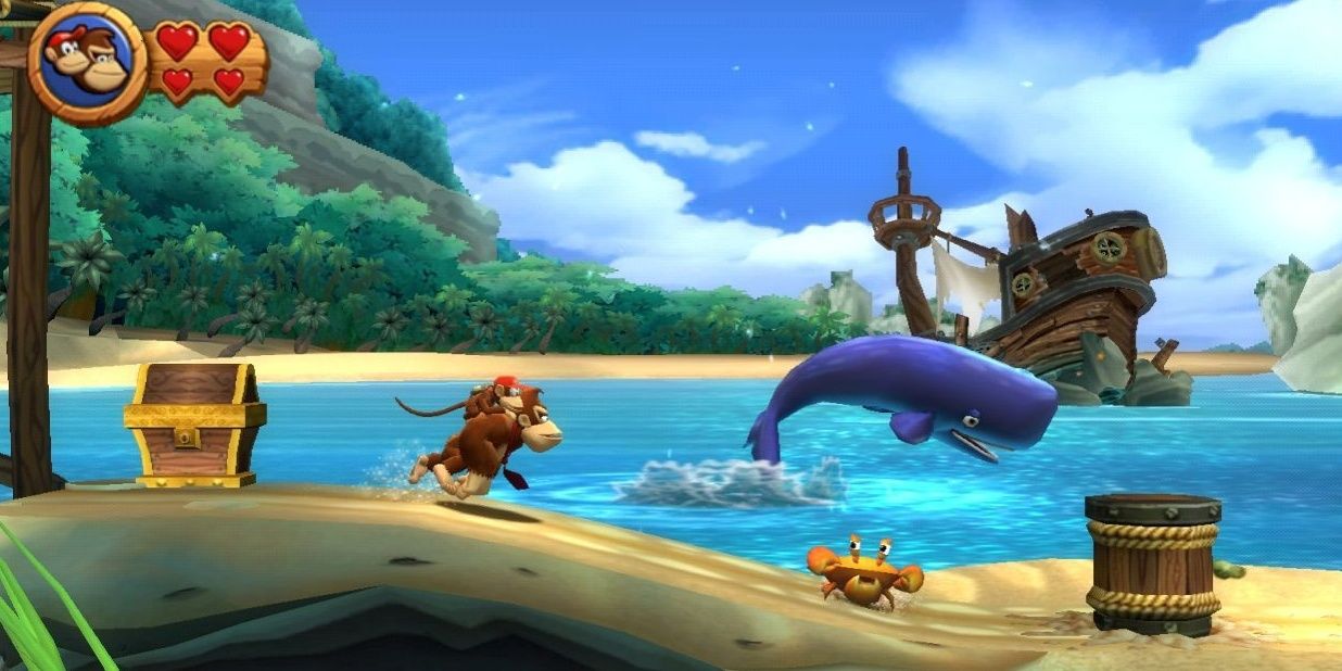 Donkey Kong Country Returns 3DS running across beach 