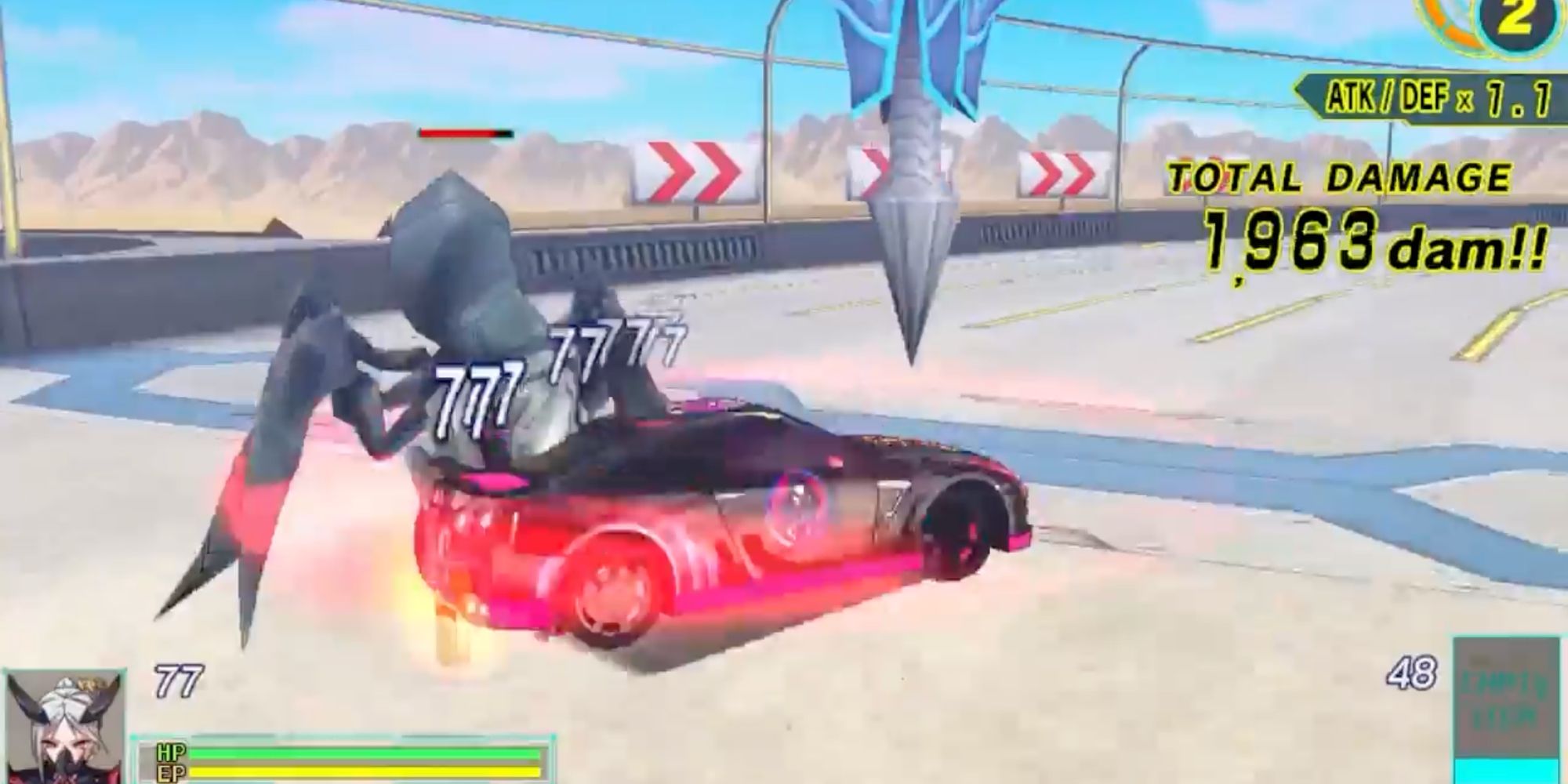 A screenshot from the PS Vita game Drive Girls, showing a sedan spin-attacking a robot bug