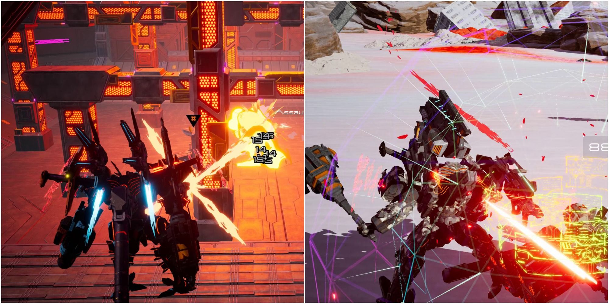 A collage showing gameplay in Daemon X Machina