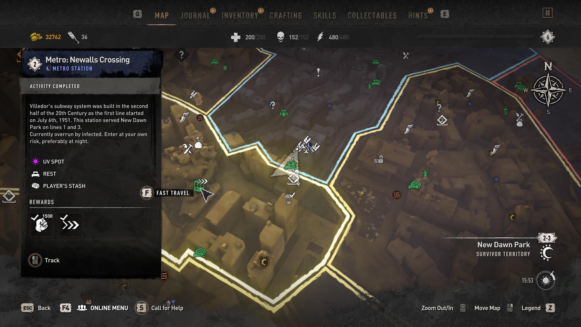The main map of Dying Light 2 with a highlighted legend icon for fast travelling