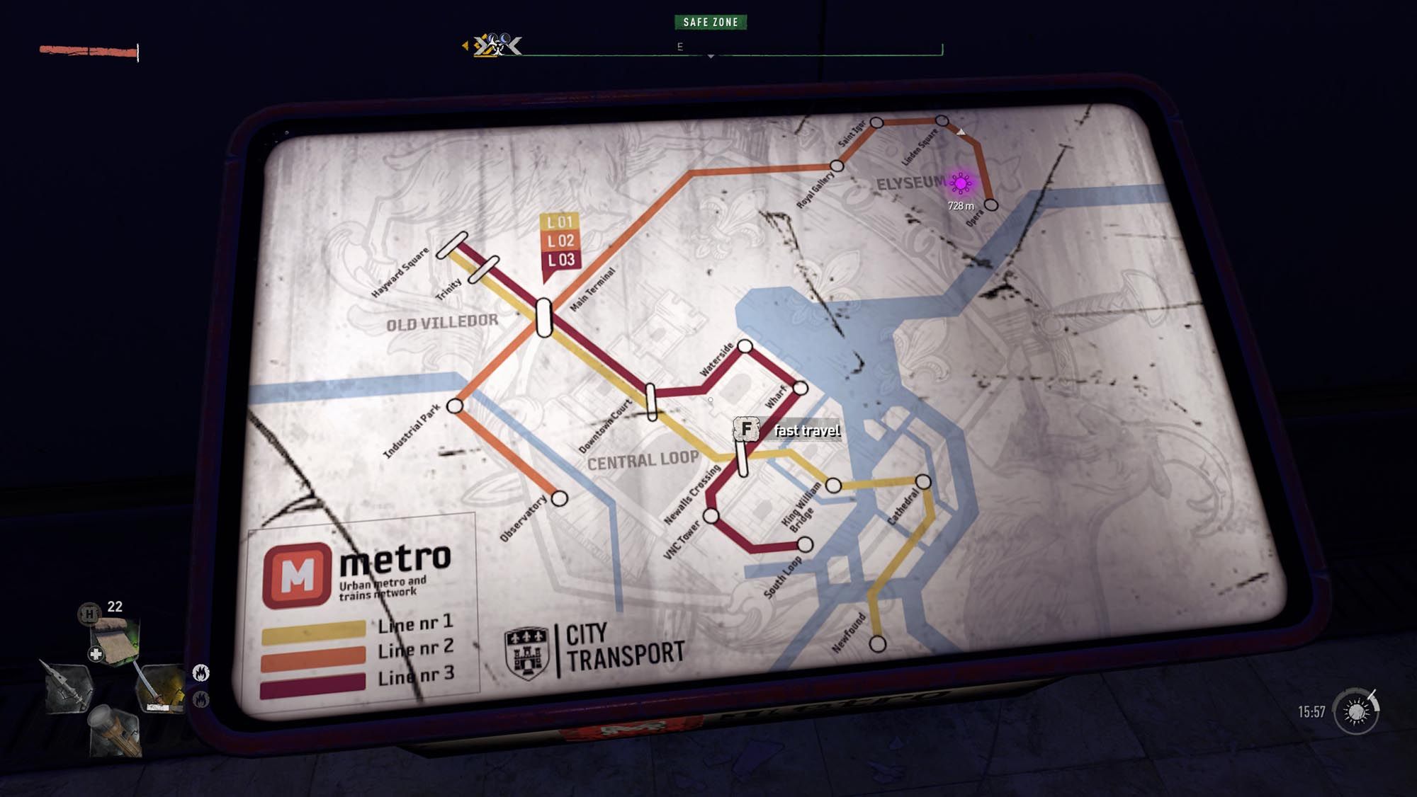 Aiden is using the Metro Station map to fast travel in Dying Light 2.