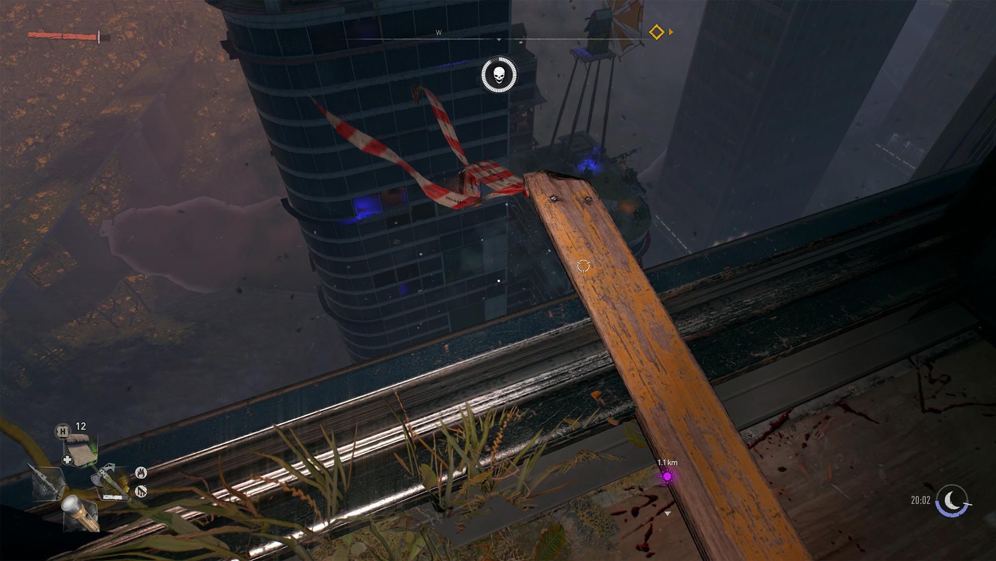 A board with warning tape indicates where to land in Dying Light 2
