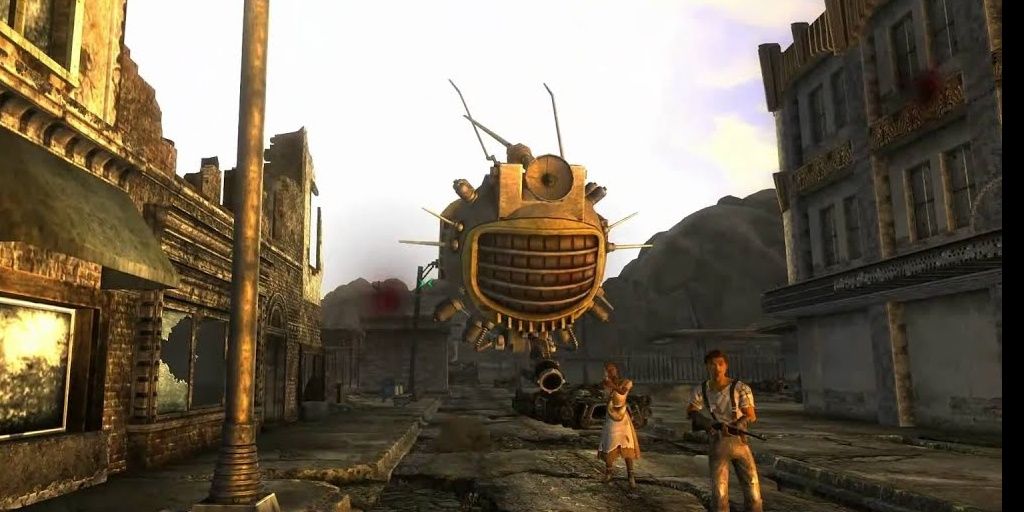 ED-E in front of some bandits in Fallout: New Vegas