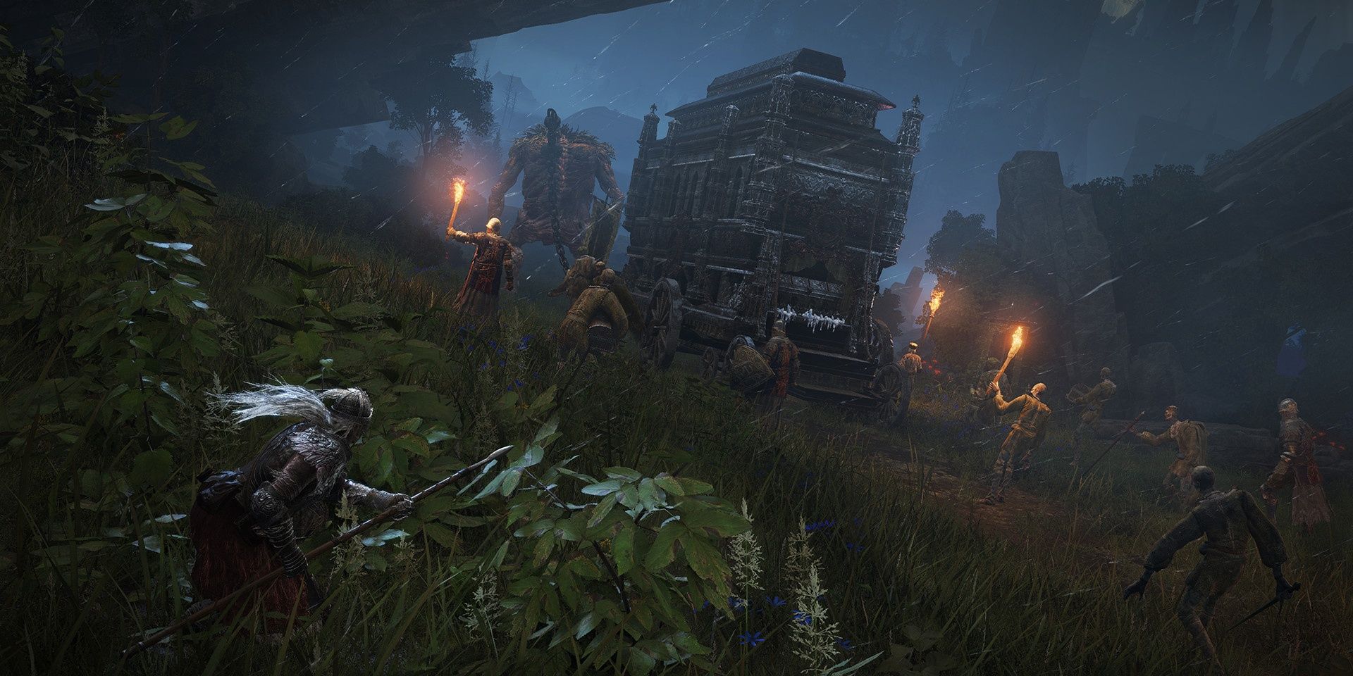 A screenshot showing the tarnished hiding from a group of enemies in Elden Ring