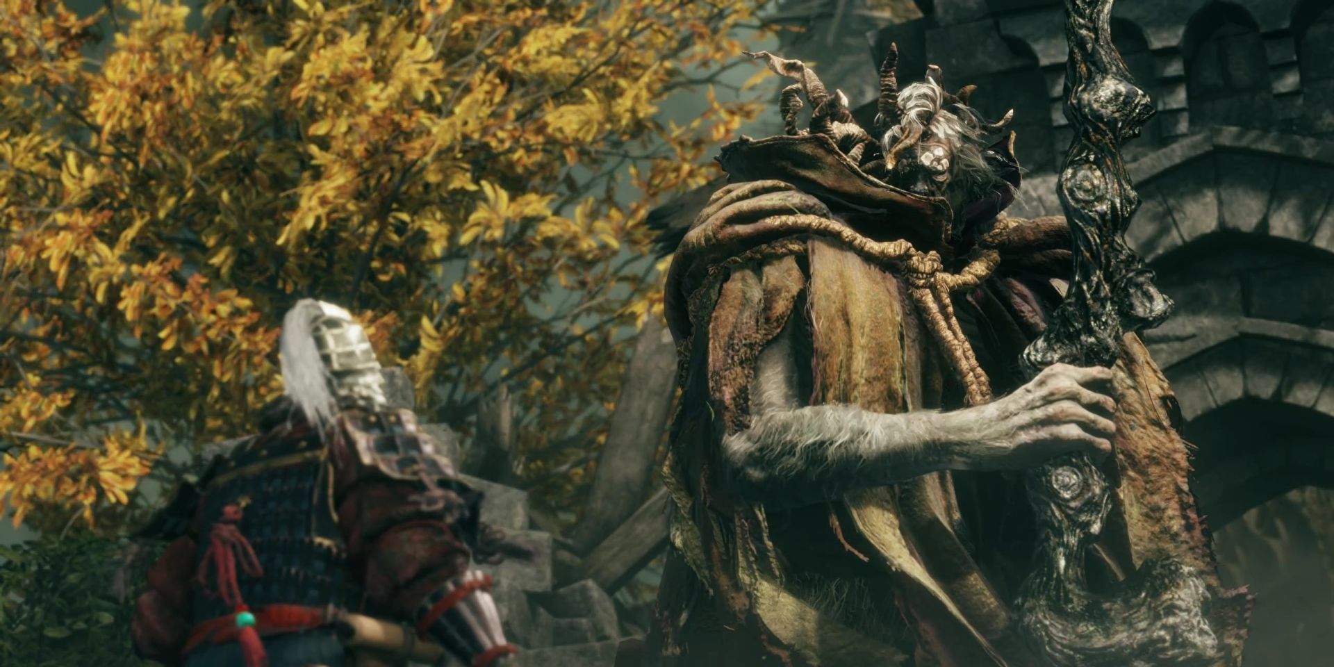 A screenshot showing the tarnished facing off against Margit in Elden Ring