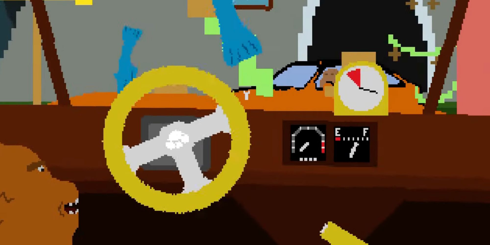 A screenshot from Enviro-Bear 2000, showing the bear driving a car while fish fall through the roof