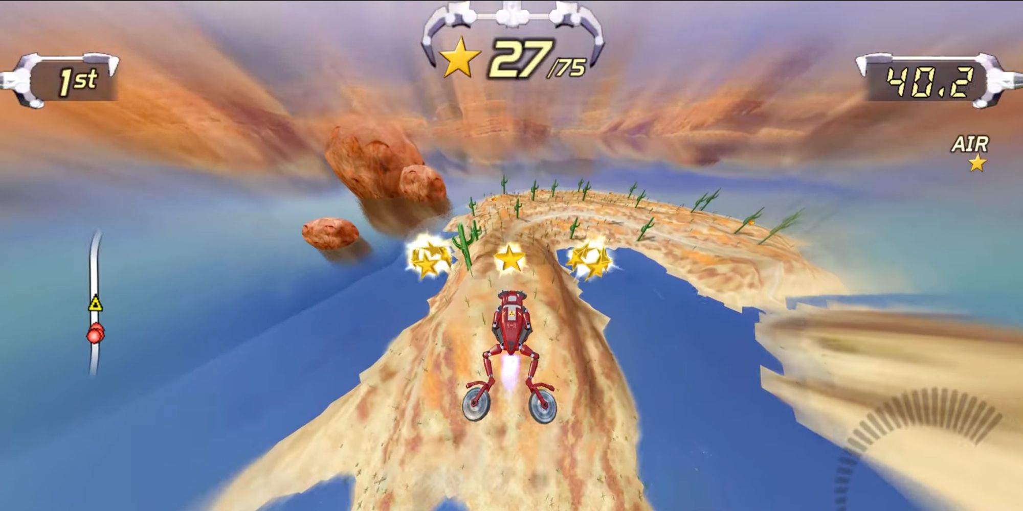 A screenshot from Excitebots: Trick Racing, showing a frog robot car flying through the air