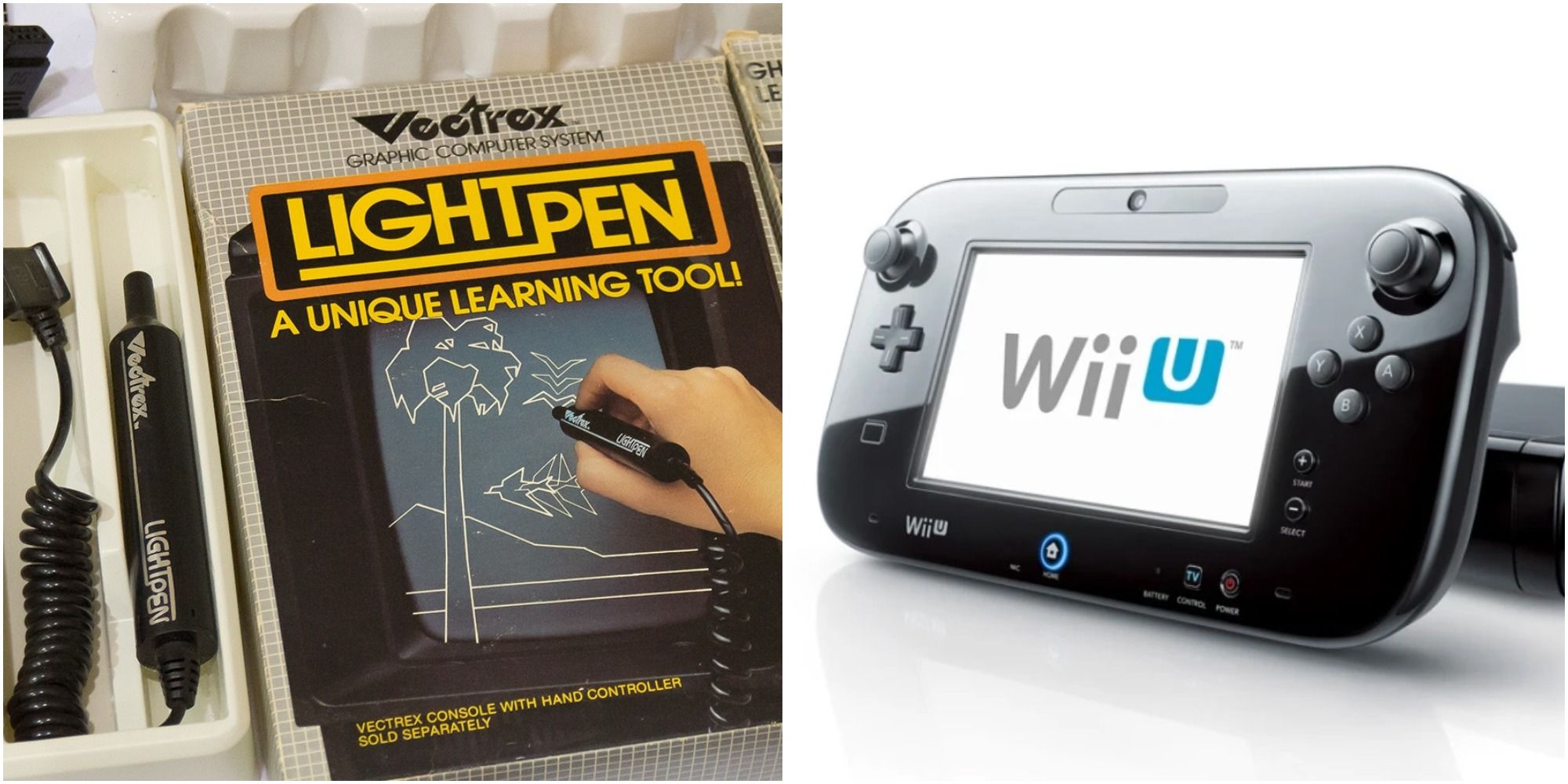 A collage showing the light pen peripheral for the Vectrex Gaming Console and the Nintendo Wii U