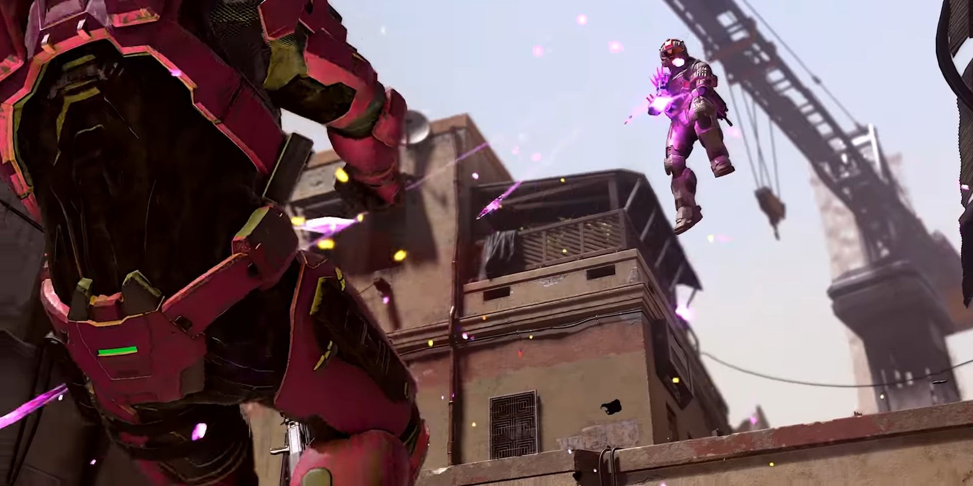 A screenshot showing a spartan shooting in midair while jumping in Halo Infinite