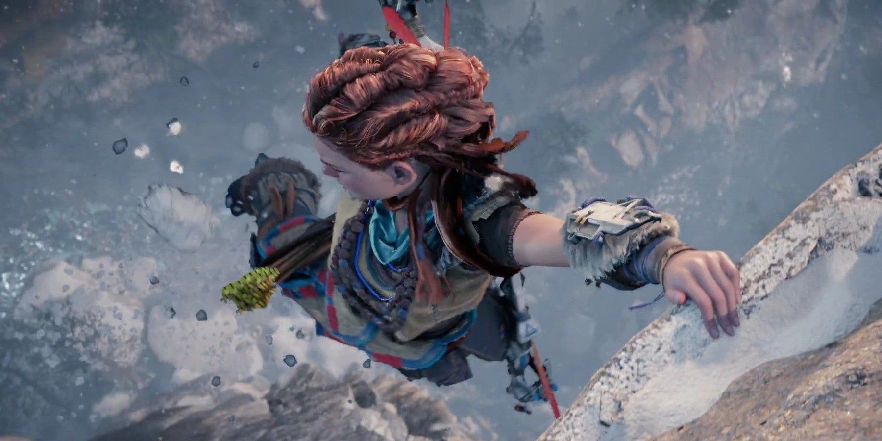 A screenshot showing Aloy hanging onto a ledge in Horizon Forbidden West