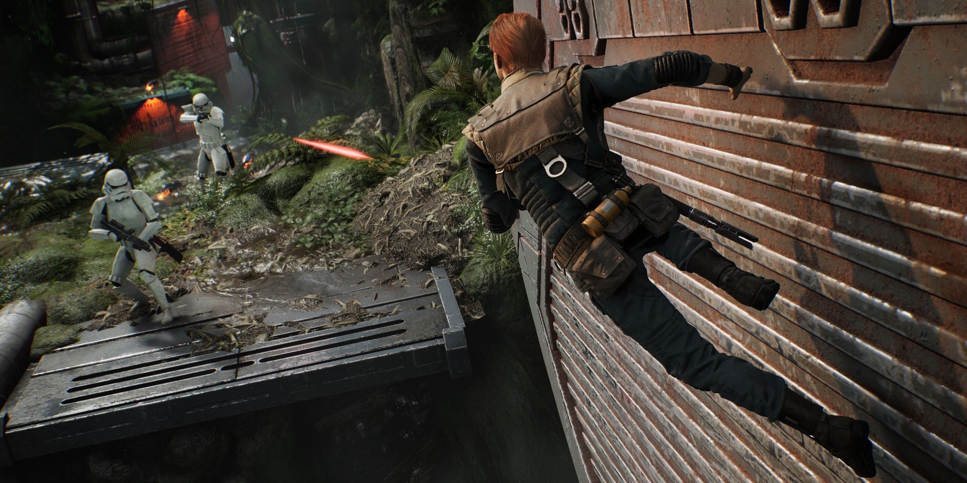 A screenshot showing Cal Kestis wallrunning towards two stormtroopers in Star Wars Jedi: Fallen Order
