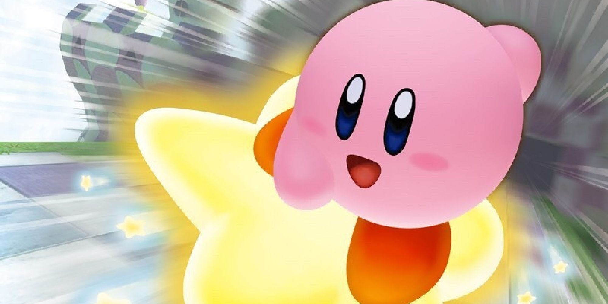 The Japanese art for Kirby's Air Ride, showing a smiling Kirby riding a warp star