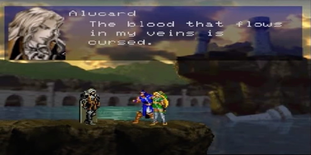 Alucard from Castlevania speaks to a man dressed in blue and a woman with blonde hair outside a crumbling castle in the distance