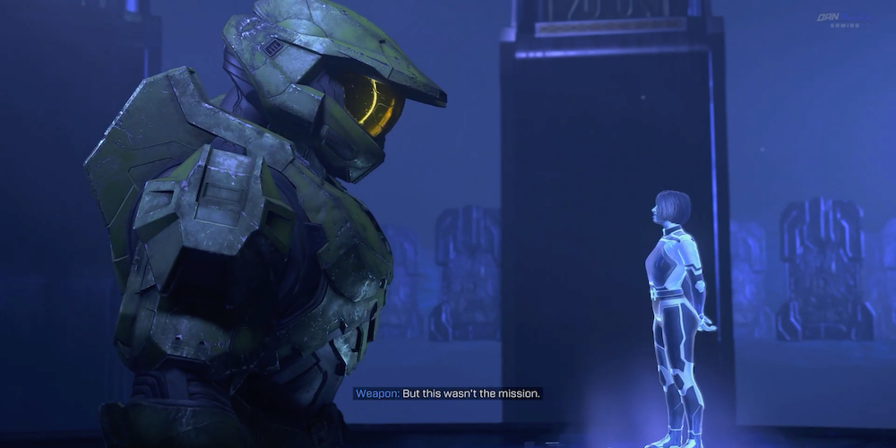 Master Chief from Halo talks to a small hologram