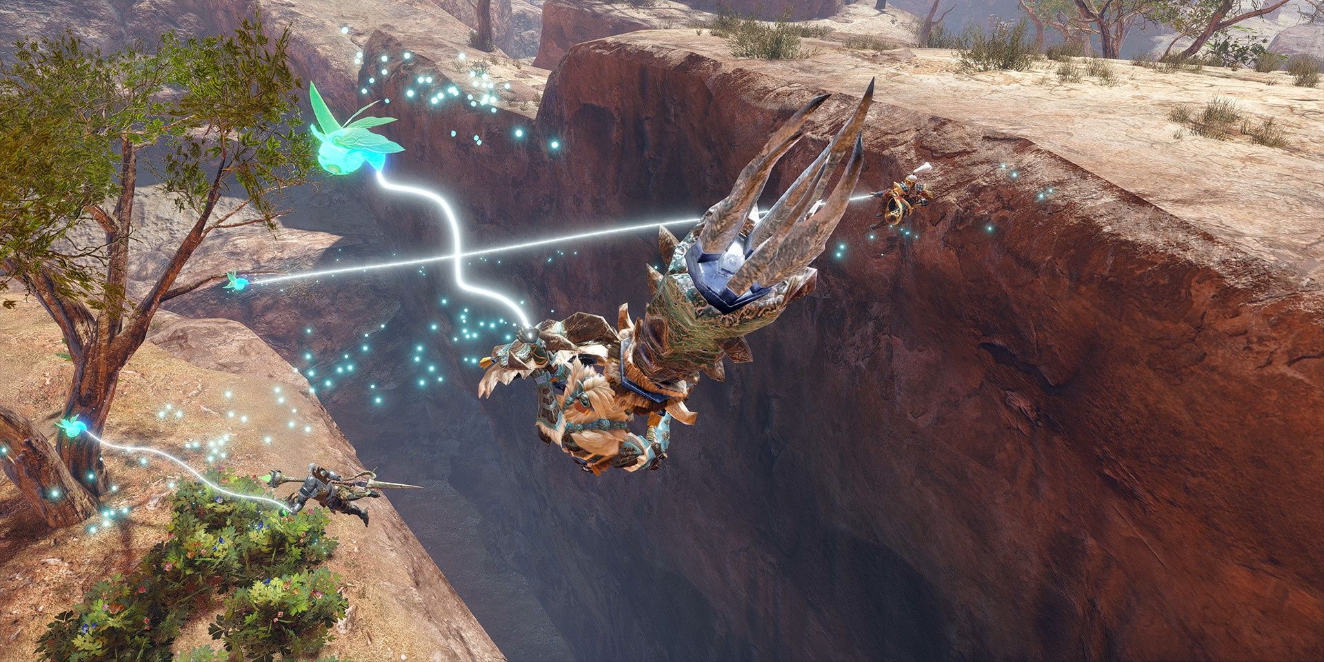 A screenshot showing a group of hunters swinging with wirebugs in Monster Hunter Rise