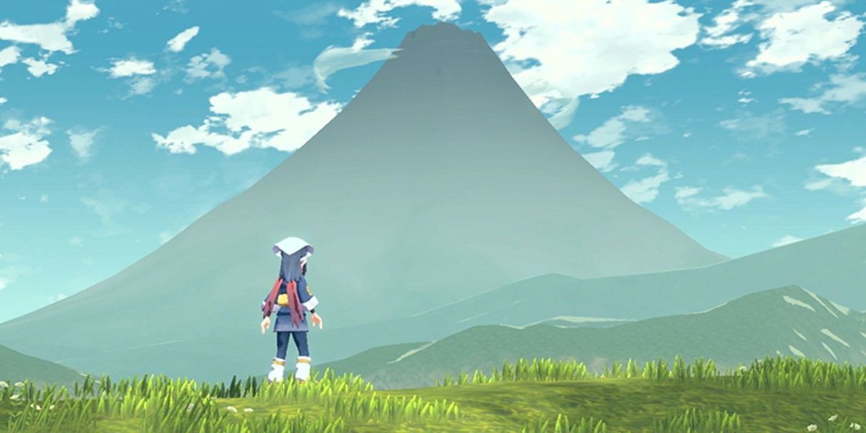 A screenshot showing the player looking at Mount Coronet in Pokemon Legends: Arceus