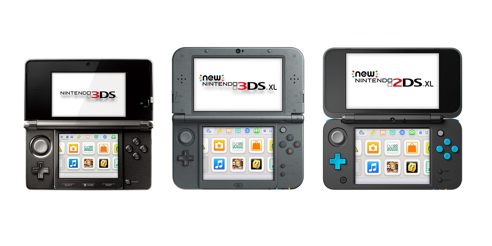 A photo showing the different Nintendo 3DS variants