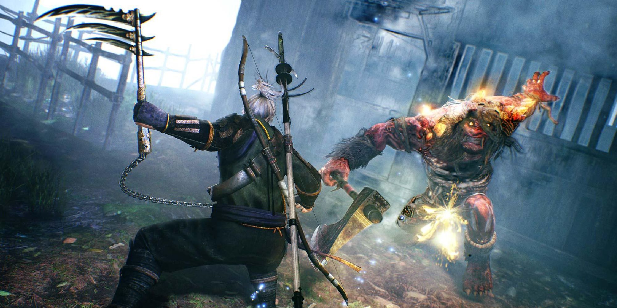 An image from Nioh 2, showing a character weilding a kusarigama against a demon