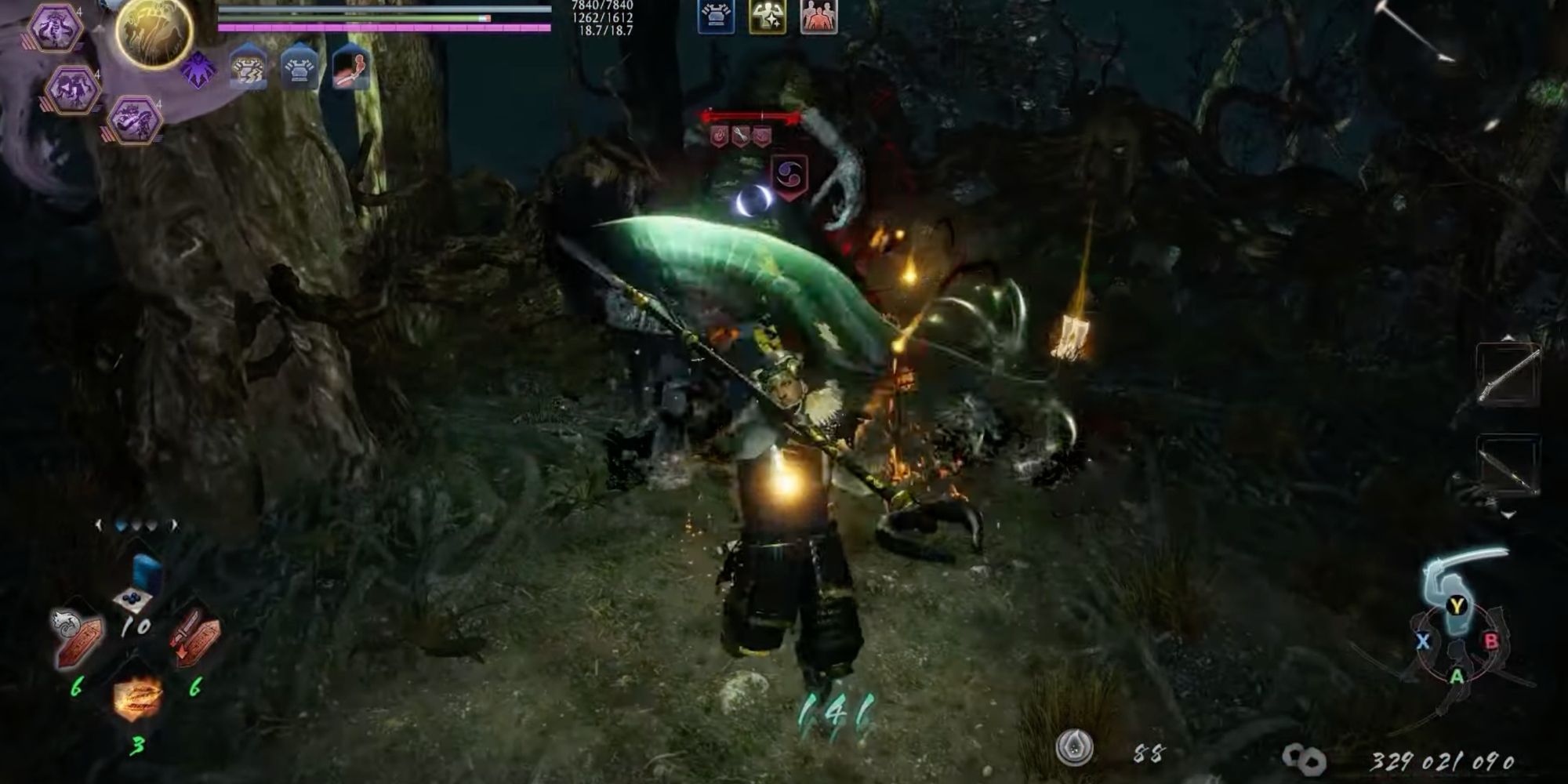 A screenshot from Nioh 2, showing a character wielding a spear against a demonic enemy in a dark forest