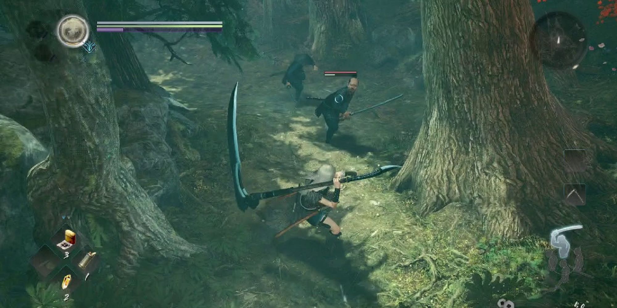 A screenshot from Nioh 2, showing a character weilding a switchglaive against human enemies in a forest